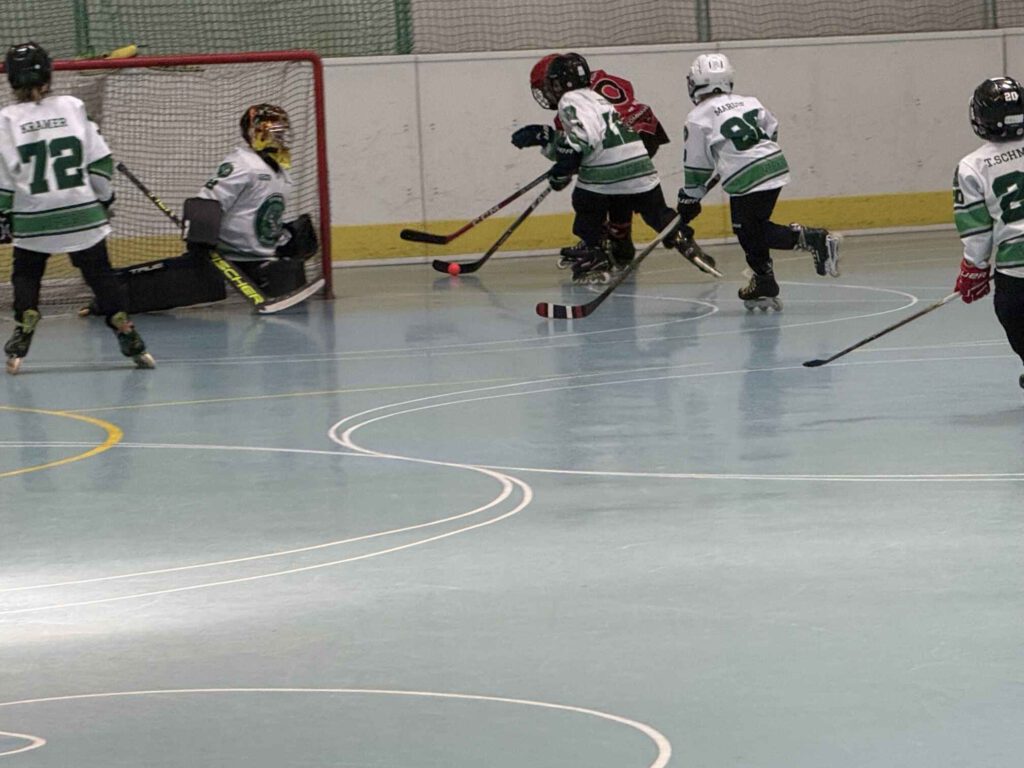 Bambini-Hockeyspiel in der Halle: Die Vipers verteidigen vor dem Tor gegen die Commanders